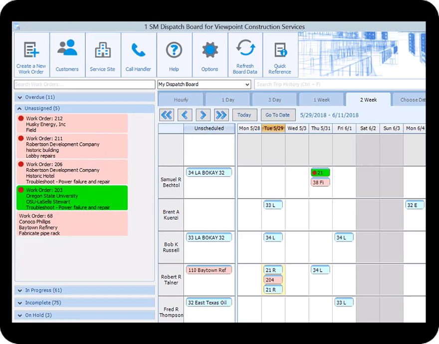 Viewpoint Vista service management dispatch software screenshot in a tablet